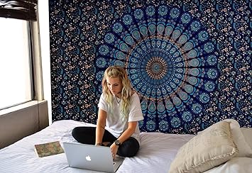 idesign Cotton Indian Mandala Twin Hippie Bohemian Throw Wall Hanging Indian Bedspread Tapestry Bedsheet for Single Bed, Multicolor