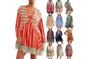 GOHRSHA Womens Boho Patchwork Mini Dresses Long Sleeve V Neck Boho Floral Ruffle Mini Dress Oversized Babydoll Dress