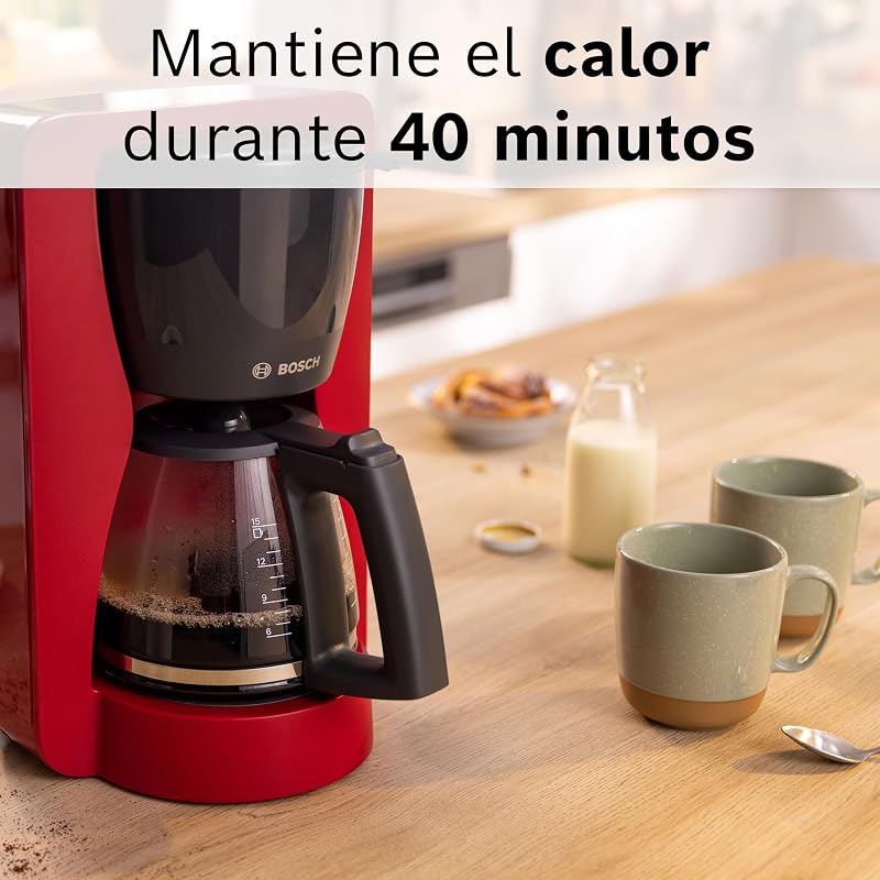 - Máquina de café de gotejamento, garrafa ergonómica de vidro, depósito de água removível, filtro removível, desligamento automático, antigotejamento, vermelho, TKA2M114