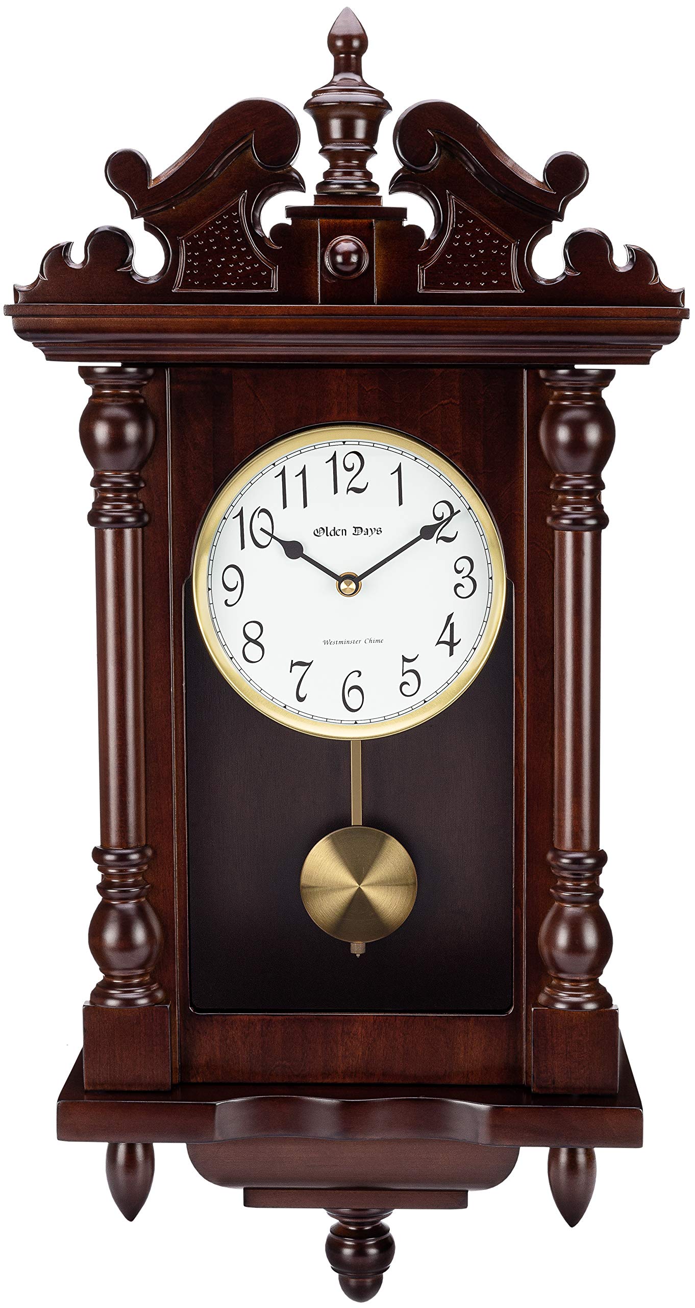 Wall Clock with Real Wood, 4 Chime Options, Swinging Pendulum, Antique Vintage Design, 22