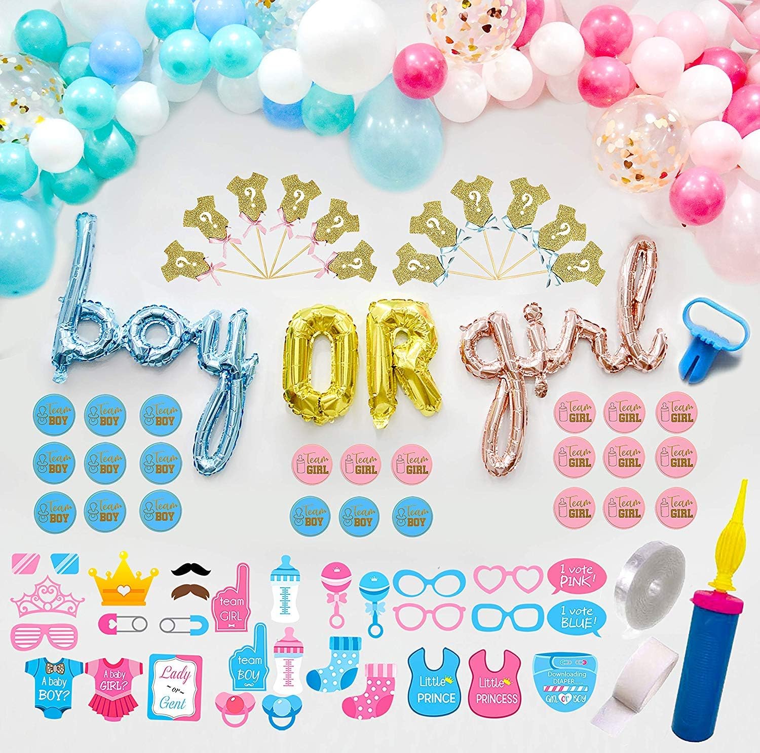 Gender Reveal Party Supplies Decorations by Serene Selection, Boy or Girl Foil Balloons, Assorted Blue and Pink Balloon Arch Garland, Photo Props, Cup Cake Toppers, Team Boy or Girl Stickers, Pump