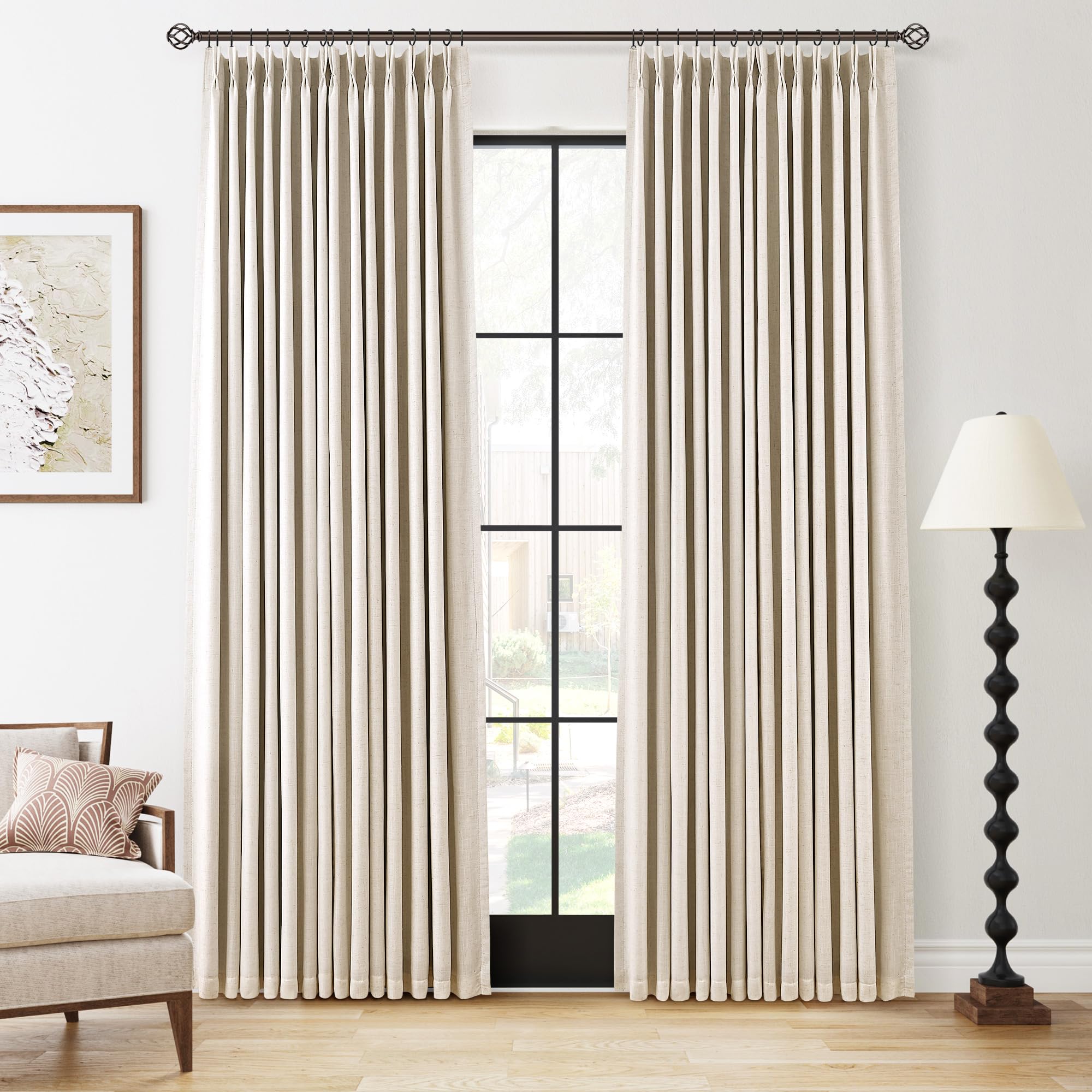 Photo 1 of Neutral Flax Pinch Pleated Linen 100% Blackout Curtains for Bedroom Black Out Pinch Pleat Double Window Curtains 84 inches Long for Living Room Darkening Soundproof Viral Drapes with Hooks Rings