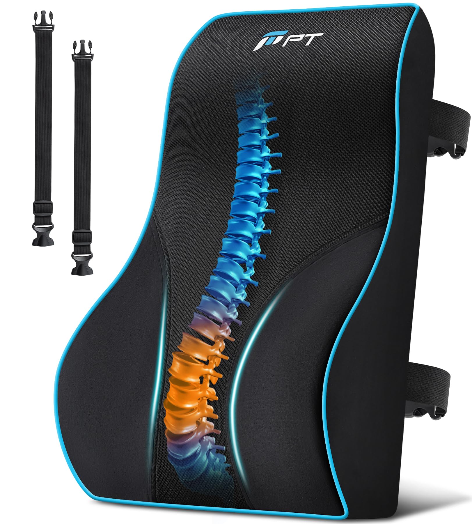 POOTACK Lumbar Support Cushion, Memory Foam Back Support Cushion Lumbar Support for Office Chair, Car Seat, Recliner, with Extension Strap and Mesh Cover