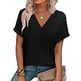 OFEEFAN Womens Short Sleeve Sweater Waffle Knit Tops V Neck Spring Summer T Shirts Casual Blouses Outfits Solid/Striped
