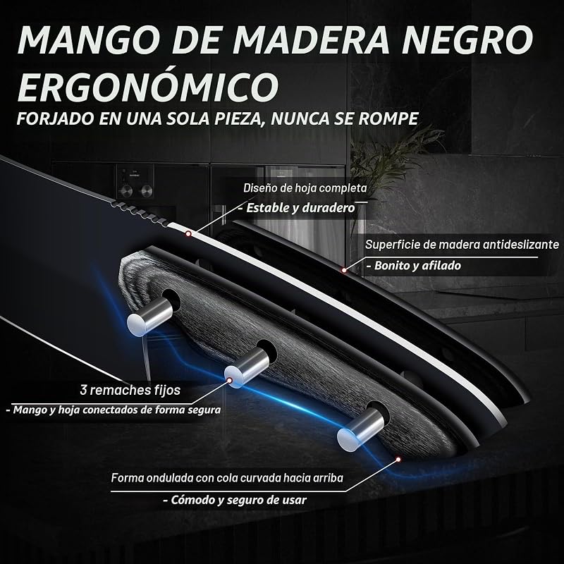 Cuchillo Cocina Multiusos Hoja Negra, Acero Inoxidable Mango Madera Ergonómico, para Carne Verduras Pescado