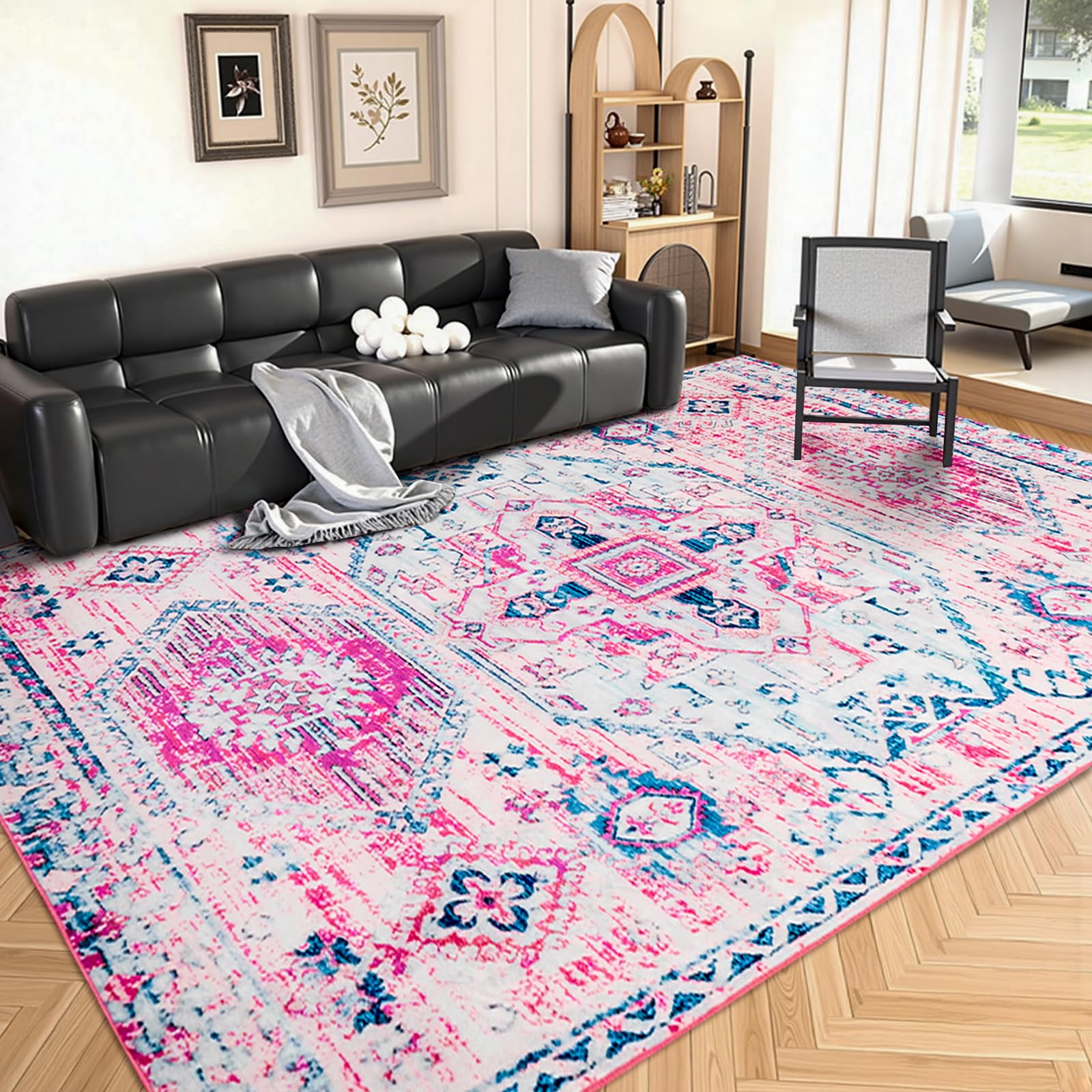 Photo 1 of 6x9 Area Rugs for Living Room Bedroom, Large Washable Foldable Vintage Floral Area Rug, Non-Slip Low Pile Pet & Kid Friendly Rug, Ultra-Thin Accent Indoor Floor Carpet for Kitchen Dining Office Pink
