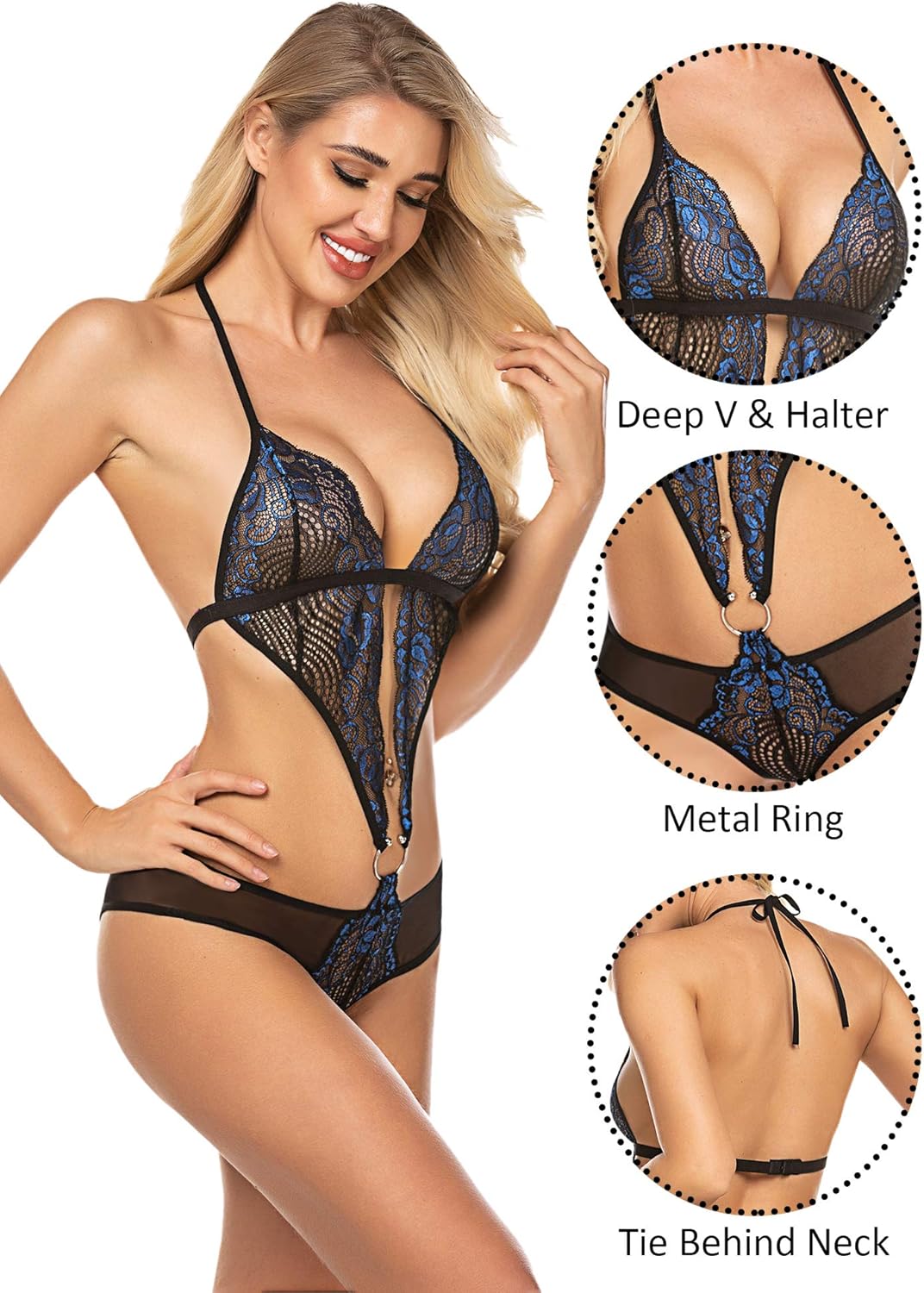 ADOME Women Lingerie Teddy Lace Bodysuit Deep V Halter One Piece Babydoll at  Women’s Clothing store