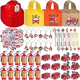 RoundFunny Firefighter Party Supplies for Boys Including Fire Truck Toy Helmets Nonwoven Bag Mini Firemen Squirter Straw Sticker Keychain for Fireman Birthday Party Supplies Gift (12 Sets)