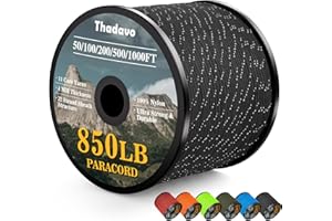 Thadavo Reflective Paracord Rope 850Ib, 50/100/200/500/1000ft 4MM 11 Strand para Cords Lanyard Utility Parachute Cord for Tent Camping Fishing Survival Tactical Clothesline DIY Projects, Black 200FT