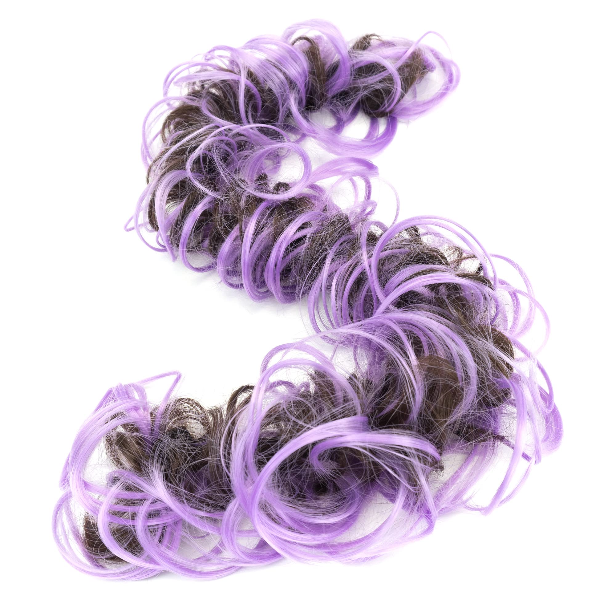 IMISSU Large Size Hairpiece Curly Messy Hair Bun Wrap Scrunchies Elastic Hair Band Donut Updo Chignon Hair Extension Piece for Women Girl (Brown Light Purple)