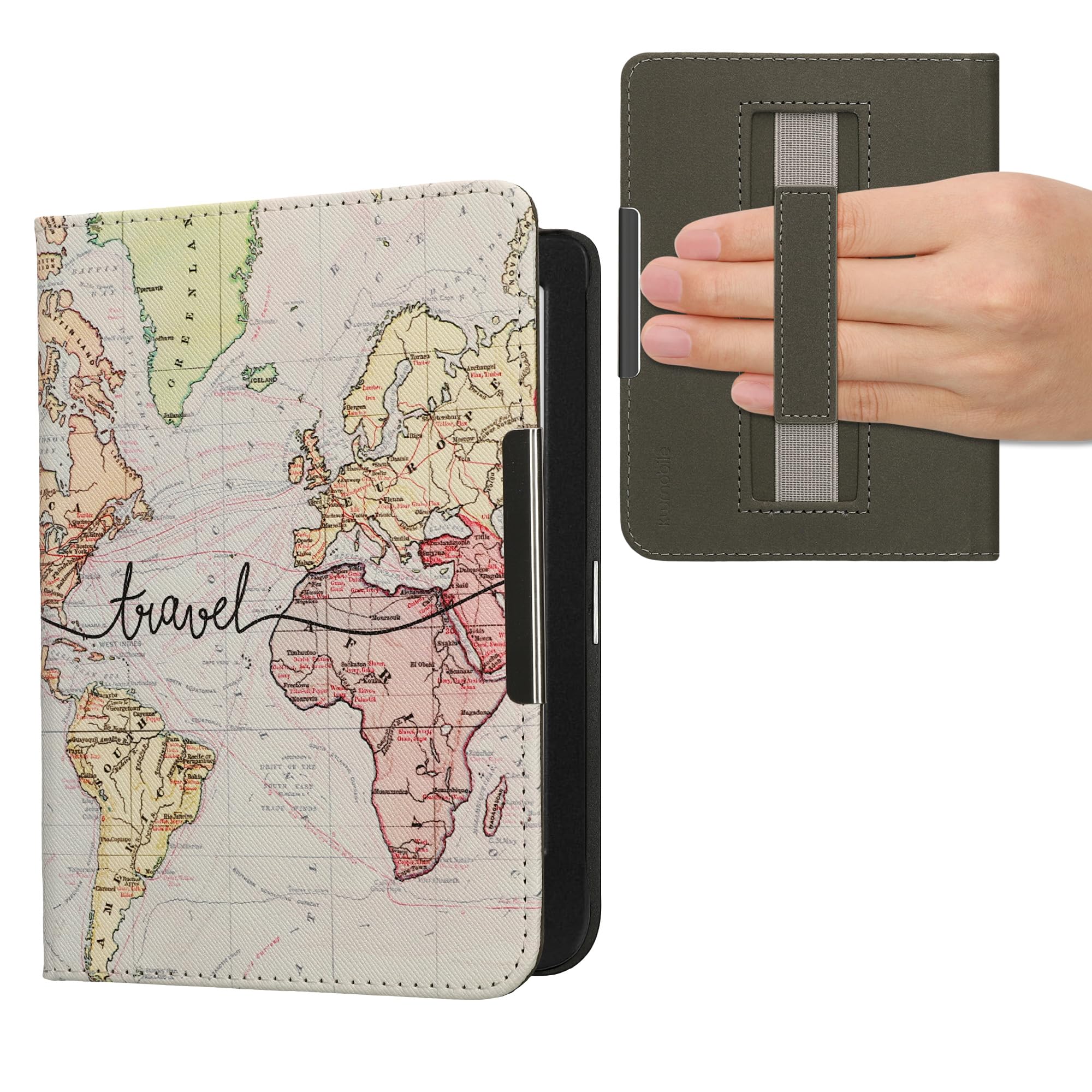 kwmobile Cover for Kobo Clara BW/Colour Case - eReader Cover with hand strap and auto sleep funktion - Travel with Black/Multicolor