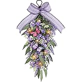 Jusdreen LED Teardrop Floral Wreath with Butterflies, Faux Lavender Hanging Decor with Lights for Farmhouse Home