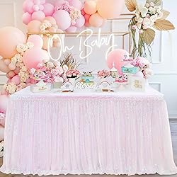 QueenDream Table Skirt 14ft White Iridescent Sequin
