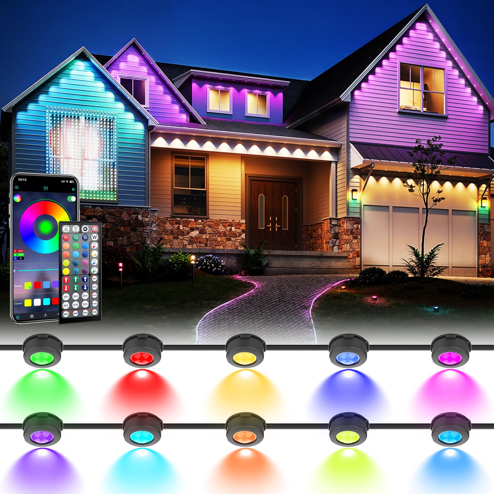 Photo 1 of 100 FT Permanent Outdoor Lights, Waterproof 2-in-1 Eaves & Ground Stakes LED String Lights with App/Remote Control for House, Garden– Smart Color-Changing Lighting for Halloween Christmas Decorations