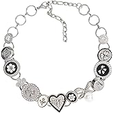 Y2K Grungy Vintage bottle cap Necklace Gothic Punk Choker Necklace for Women,Gothic Y2K Aesthetic Outfit Jewelry,Silver Black Chunky Chain Collar with Heart,Bowknot,Button Charm,Western Cowgirl Goth Jewelry with Rhinestone and Faux Pearl Decor