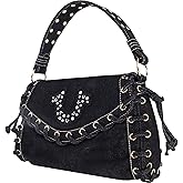 True Religion Studded Horseshoe Eyelet Denim Flap Bag, Crossbody Shoulder Handbag, Black