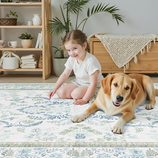 DCX GREEN 9X12 RUG, KID & PET FRIENDLY WITH RUBBER BACK NON SLIP, MACHINE WASHABLE STAIN RESISTANT BOTANICAL FLORAL RUG FOR LIVING ROOM, BEDROOM, SOFT LOW PILE LARGE NURSERY CARPET