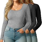 Evervibe 3 Packs Women Plus Size Tops Long Sleeve Shirts Scoop Neck Slim Fit T Shirts U Neck Comfy Casual Basic Ladies Tees