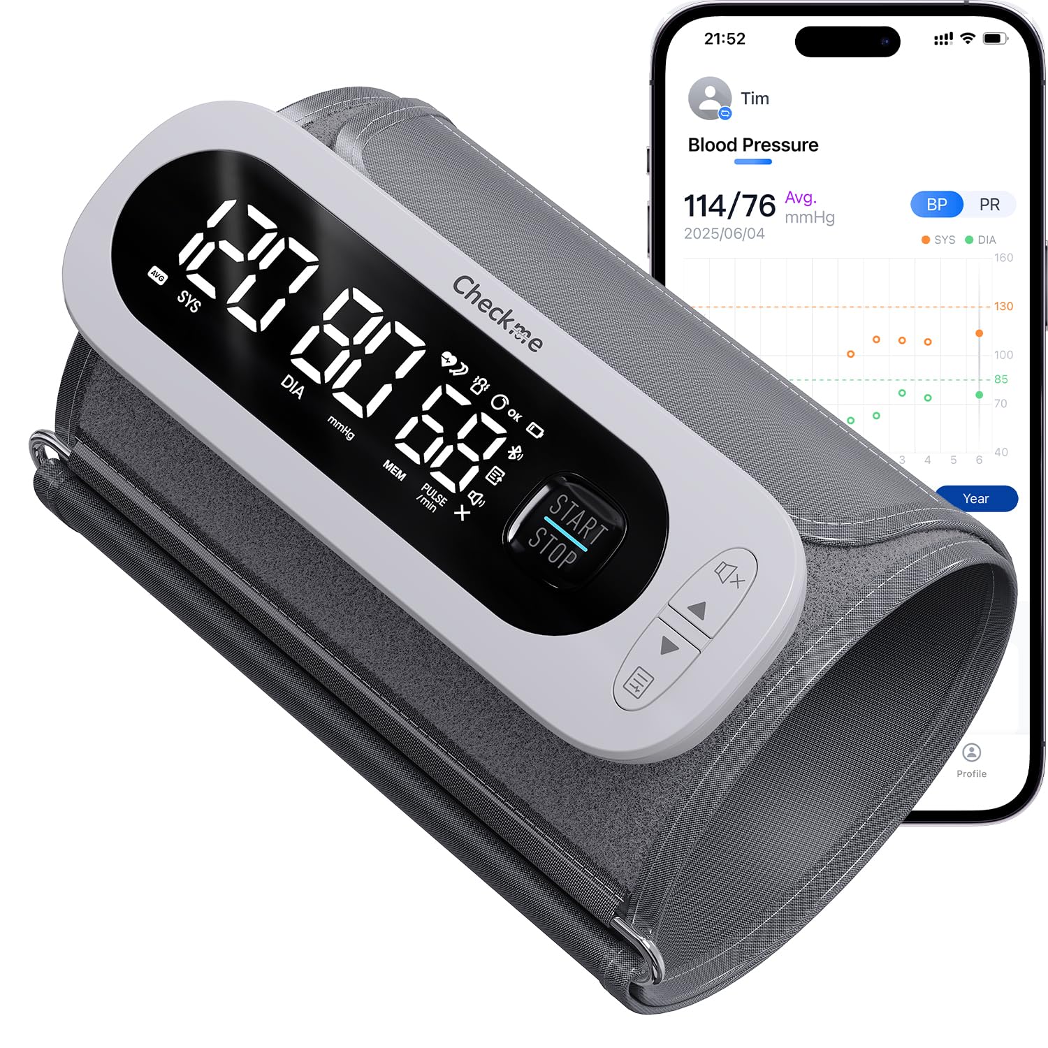 Photo 1 of Checkme Rechargeable Blood Pressure Monitor, Large Screen BP Machine with Bluetooth, Voice Guided, Dual User Memory (2 * 199), Adjustable Large Cuff, Unlimited Data Stored in APP for iOS & Android