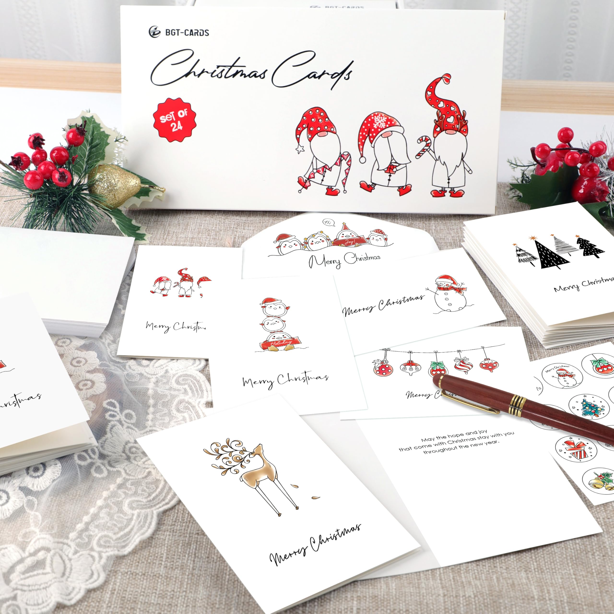 BGTCARDS Christmas Cards - Pack of 24, 6 Assorted Designs Merry Christmas Cards with Envelopes - Bulk Boxes card - Perfect to Send Warm Holiday Wishes to Friends and Family - 4