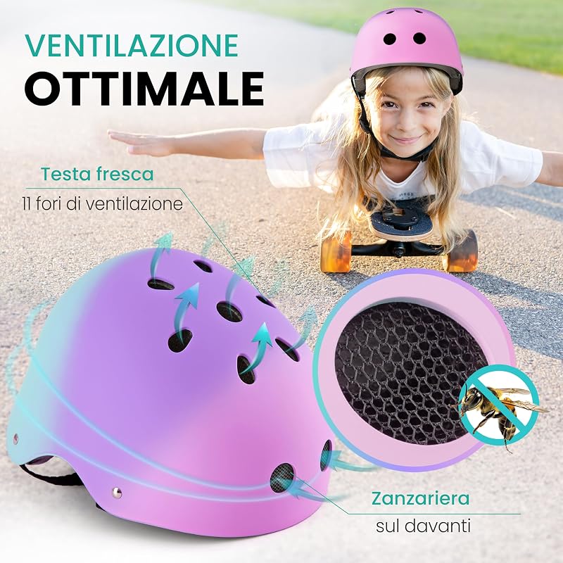 Casco Bici Bambina - Casco Bambino - Caschetto Bambino per Bambini - Monopattino Skateboard Pattini a Rotelle - Taglia S/M TRICOLORE
