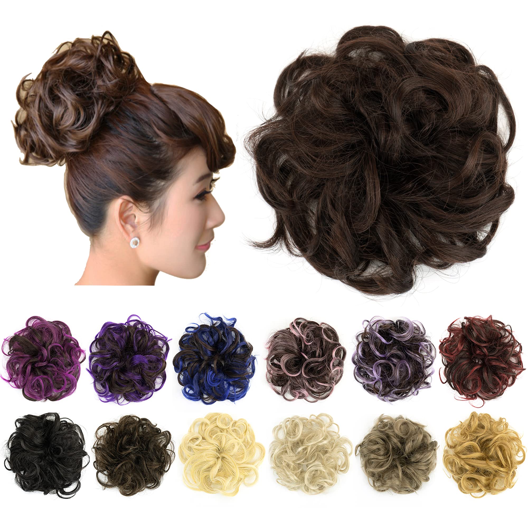 IMISSU 2PCS Messy Bun Hair Piece Updo Fake Scrunchies Ponytail Extension Wavy Curly Hairpieces Chignon Headband for Women Girls (2PCS Chocolate Brown)