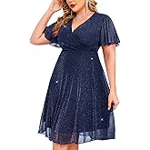 ZOMVA Plus Size Sparkly Mesh Dress A Line Ruffle Sleeve V Neck Wrap Short Glitter Dresses Wedding Guest Cocktail Party