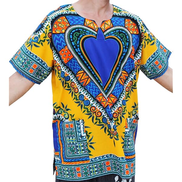 RaanPahMuang Unisex Africa Dashiki Shirt - Bright White Cotton, Plain Front, XX-Large, White & Yellow - View #6