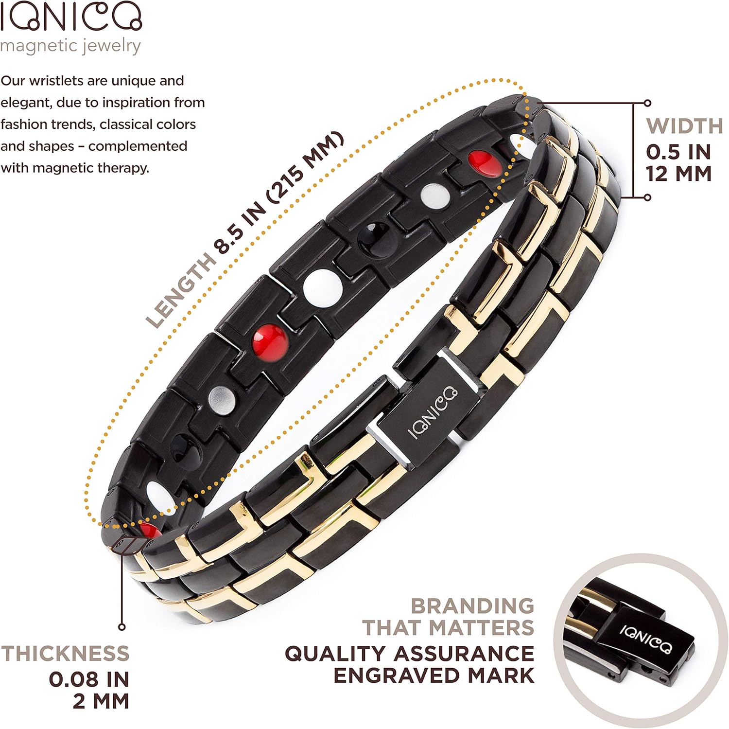 IONICO Stylish Magnetic Therapy Bracelet for Men and Women Health Improvement | Reliefs Arthritis, Carpal Tunnel, migraine, Headache Pain, Blood Pressure | Strong Energy Healing Power (Black-Gold): Health & Personal Care
