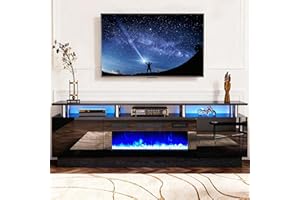 oneinmil Modern Fireplace TV Stand with 36" Electric Fireplace for TVs Up to 80 inch, LED Light Entertainment Center with High Gloss Cabinet, TV Stand for Living Room, Black
