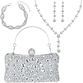 Quelay 4 Pcs Purse Rhinestone Jewelry Set Evening Clutch Bag Bling Crystal Necklace Dangle Earrings Bracelets Accessories