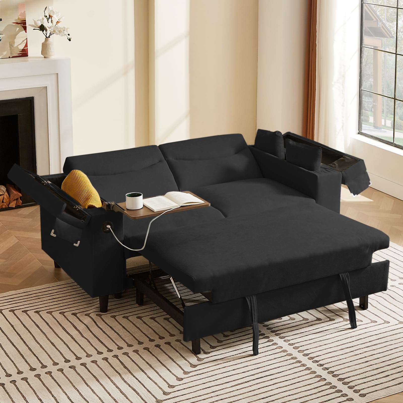 Photo 1 of ***SIMILAR ITEM***
hansones 66" Pullout Couch Sleeper Sofa with Hidden Side Table, Storage Armrests & USB Charging – Convertible Sofa Bed with Spring Mattress & Wood Frame, Great for Small Spaces (ZY-2027-Black)