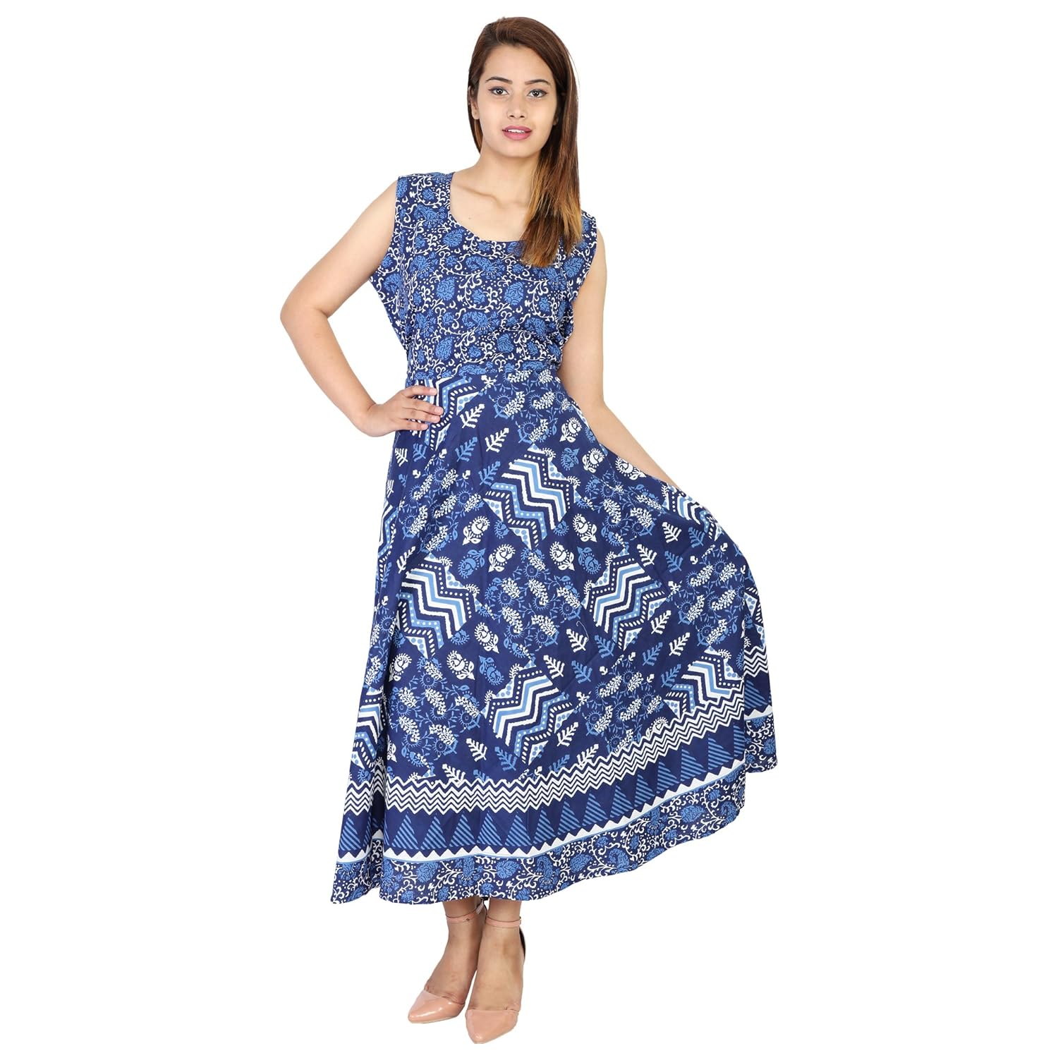 theurbanstreet 100% cotton indigo blue patch work printed long maxi dress for women