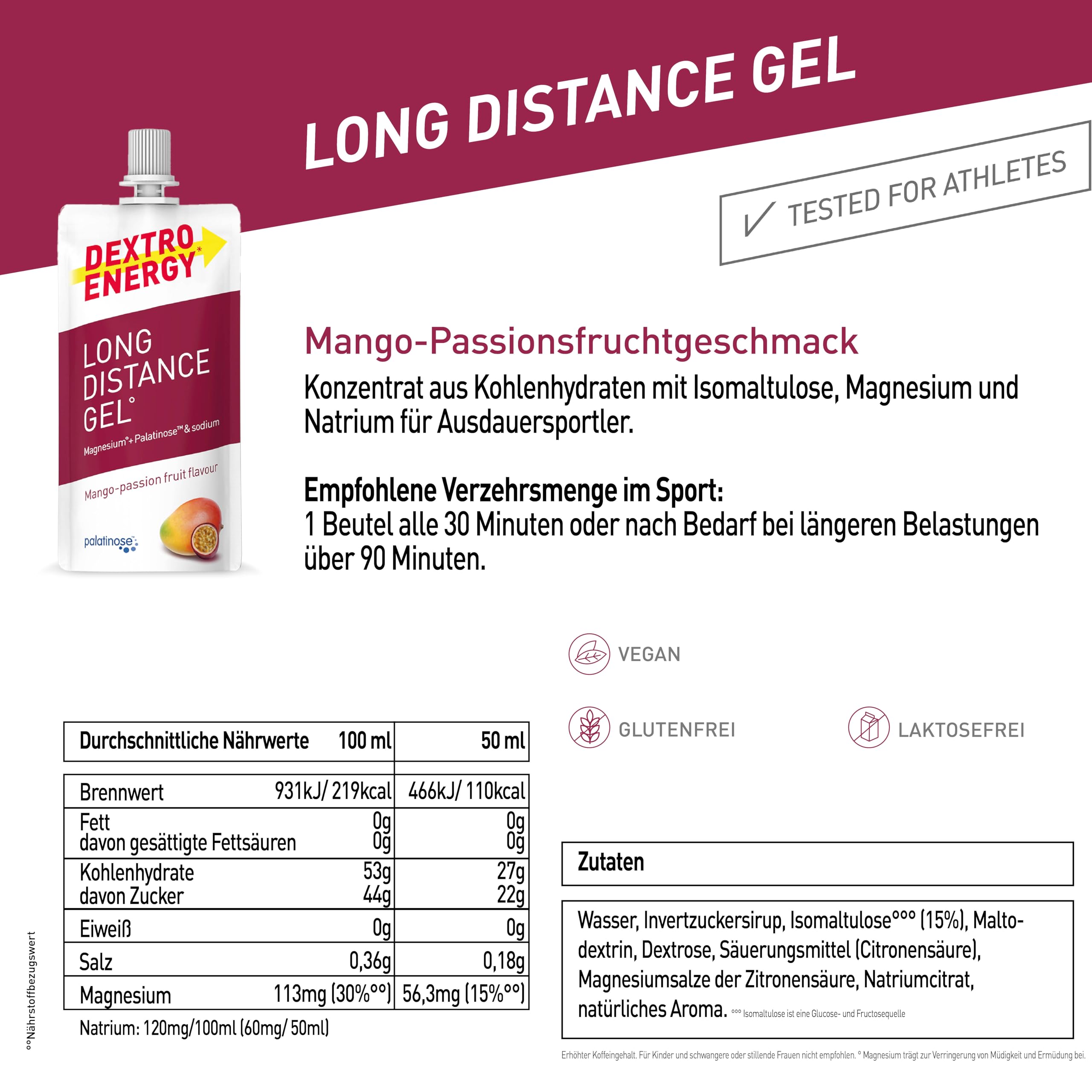Dextro Energy Long Distance Gel Mango Passionfruit + Magnesium und Natrium - 12x50ml (12er Pack) - High Carb Energy Gel mit Palatinose und Elektrolyte 6