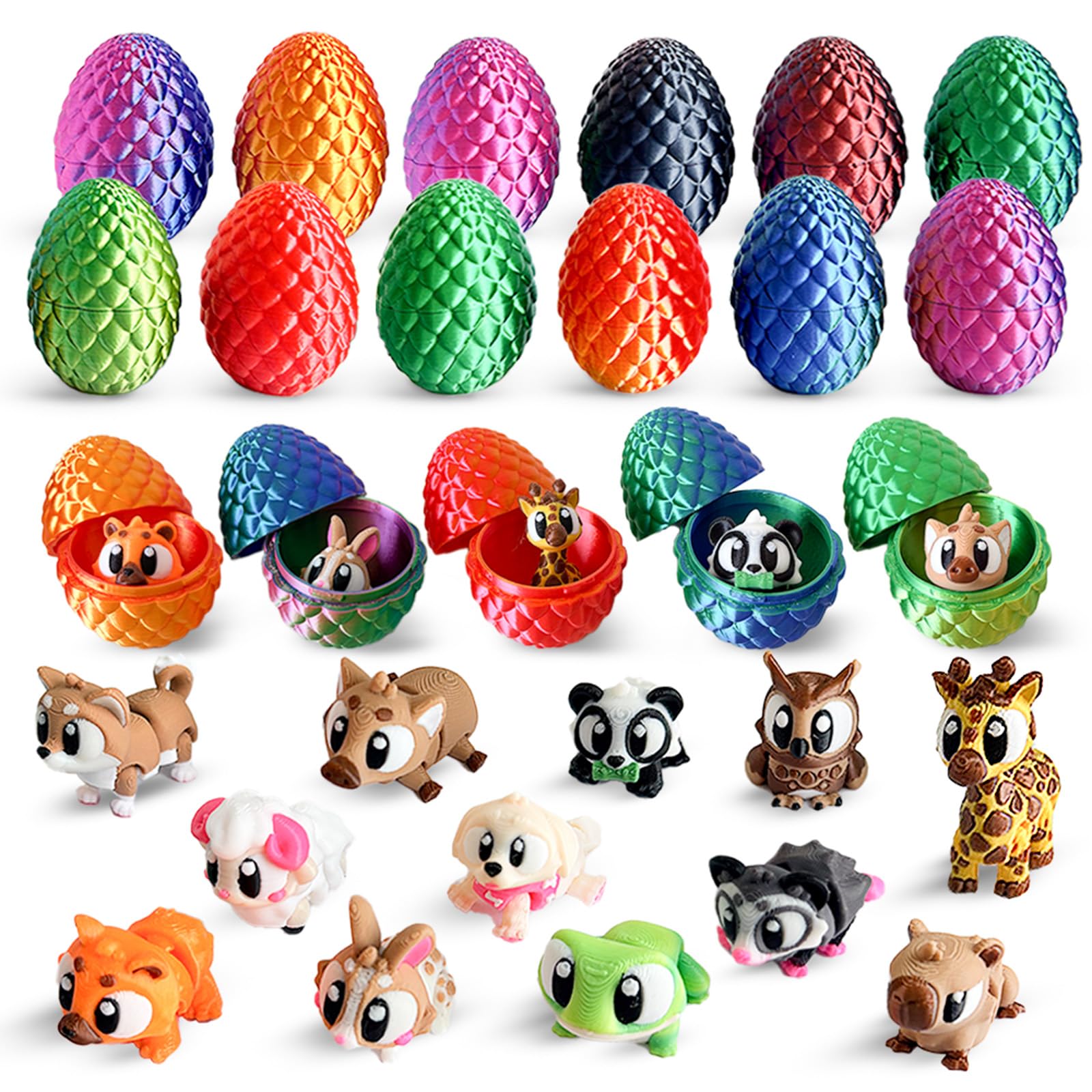 LINLINGTOYS Easter Basket Stuffers Animal Toys for Kids - 3D Printed Prefilled Easter Eggs with Toys, Easter Egg Fillers Gifts Hunt Prize Party Favors for Boys Girls