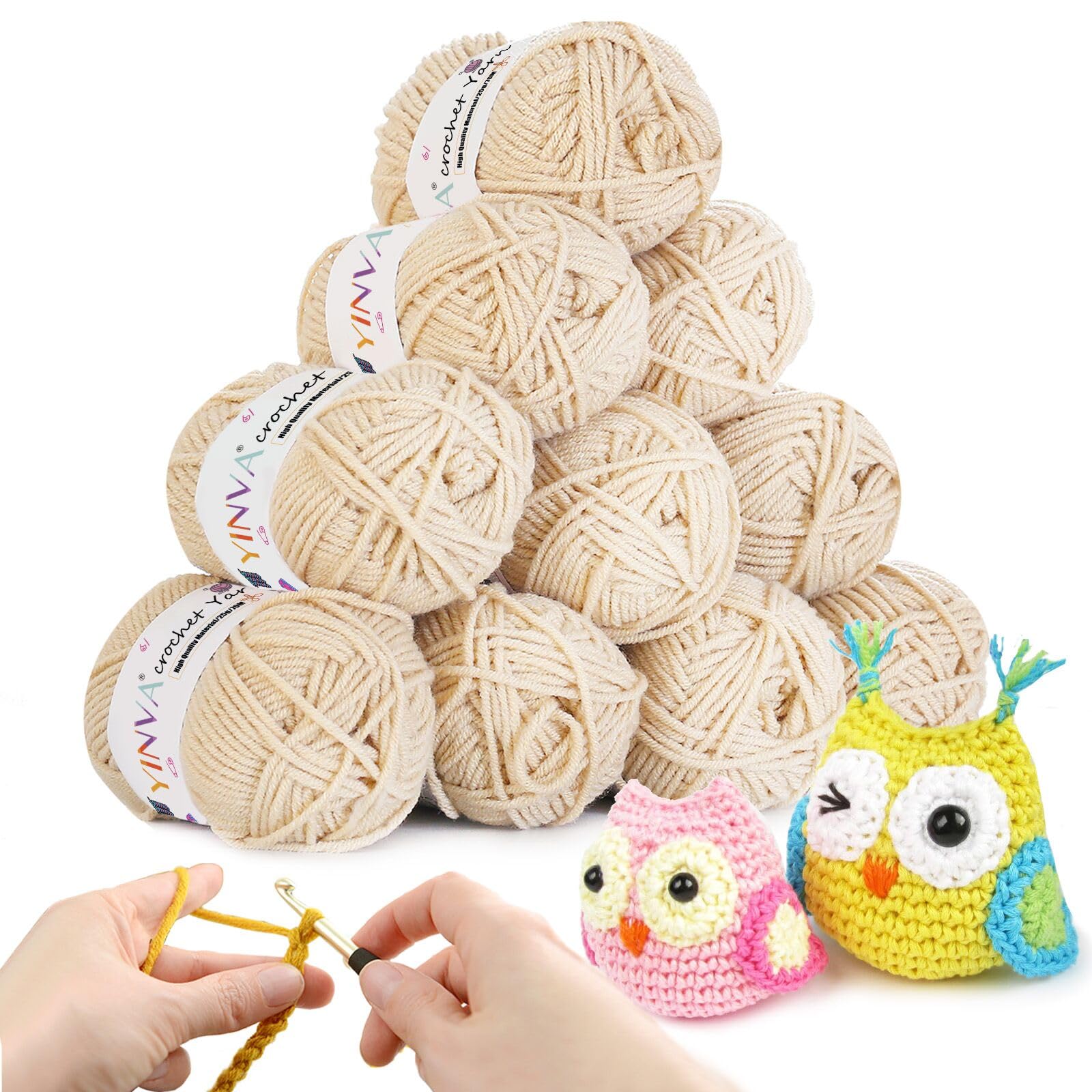 Crochet Yarn Acrylic 10Pcs x 25g Knitting Cream Wool Beige Crochet Wool Yarn for Crochet Kits for Beginners Adults Wool for Crochet Knitting and Crafts-Cream