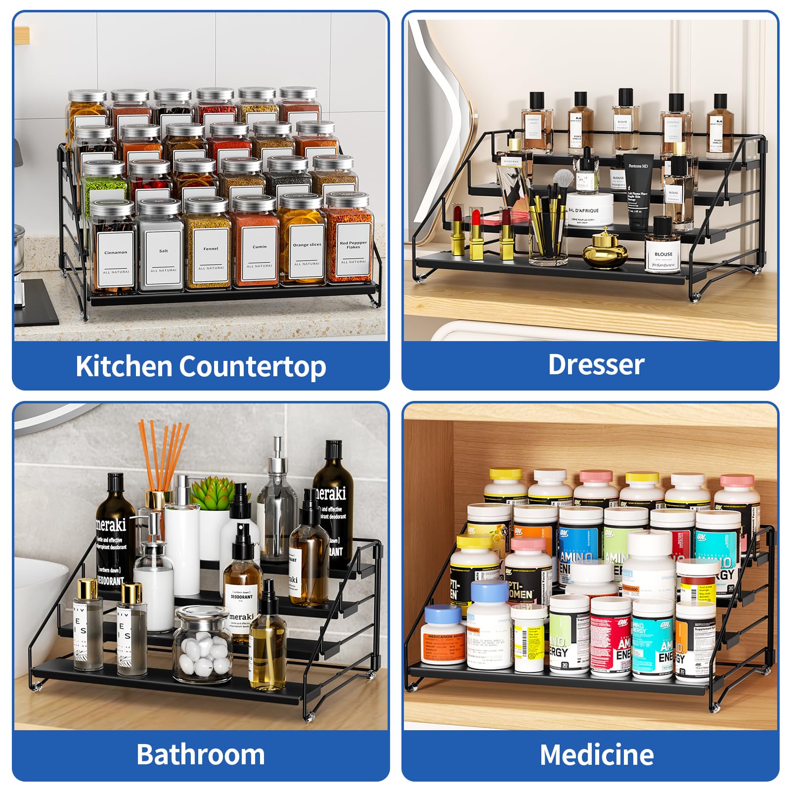 4 Tier Spice Rack for Cabinet, Spice Rack Organizer, Depth Adjustable Spice Holder for Countertop, Cupboard, Pantry, Seasoning Shelf, Metal, Black (1 Pack)