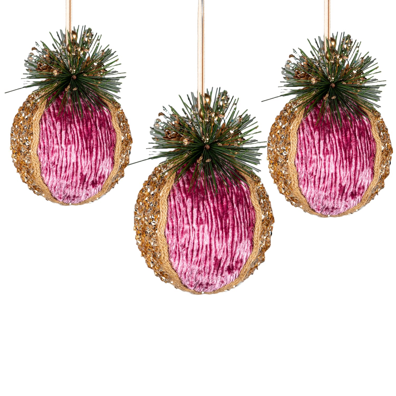 3Pcs Pink Burgundy Glitter Bauble 11.5cm - Christmas Tree Hanging Decorations Festive Decorative Ornaments Fairy Tale Themed Xmas Tree Pendant