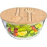 LOVYANXUE 10.6" Glass Salad Bowl with Lid, 4.7 Quart Large Capacity Serving Bowls and Mixing Bowls with Utensils, Versatile Serving Dish for Salads,Fruits,Pasta,Popcorn,Trifle Bowl, Microwave Safe
