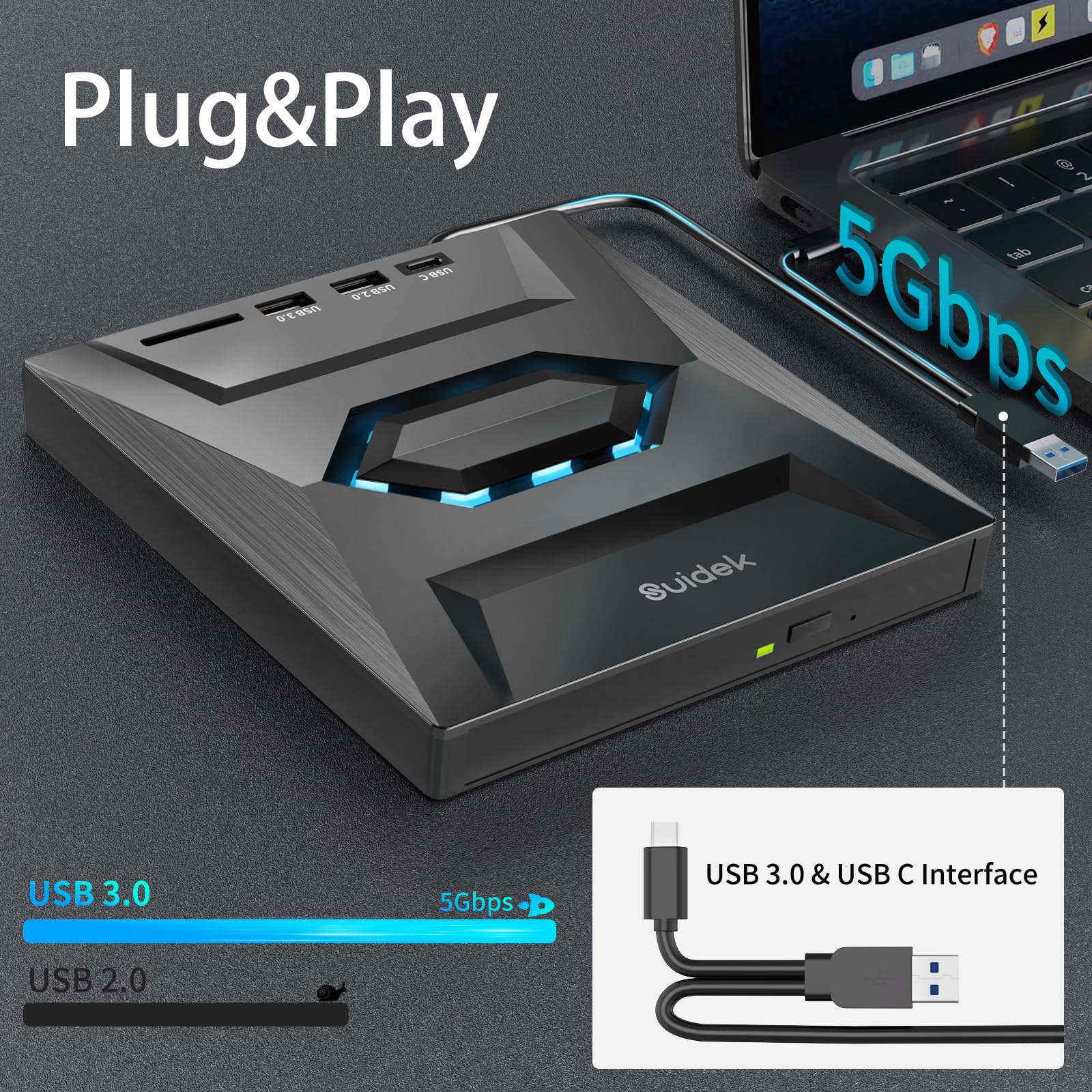 SUIDEK External CD DVD Drive for Laptop, USB C Portable CD/DVD +/-RW Burner DVD Player with SD Card Reader USB 3.0 Type C Hub Compatible with Laptop PC Windows Linux