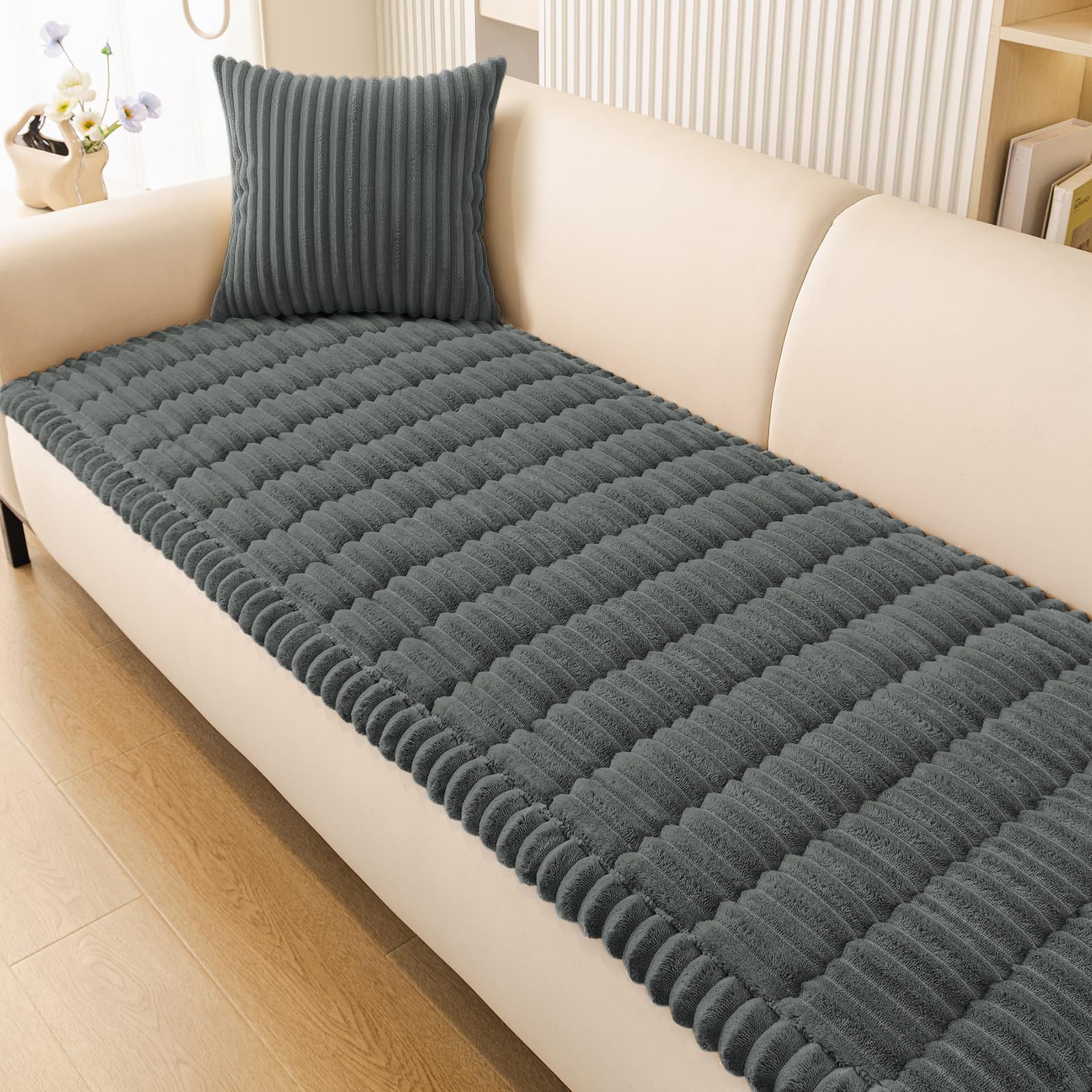 Photo 1 of Smiry Couch Cover for Dogs Washable, Non Slip Fuzzy Pet Couch Covers for 3 Cushion Sofa Pet Friendly, Thick Soft Sofa Slipcovers Cushion Protector (Dark Grey, 27.6" x 82.7")