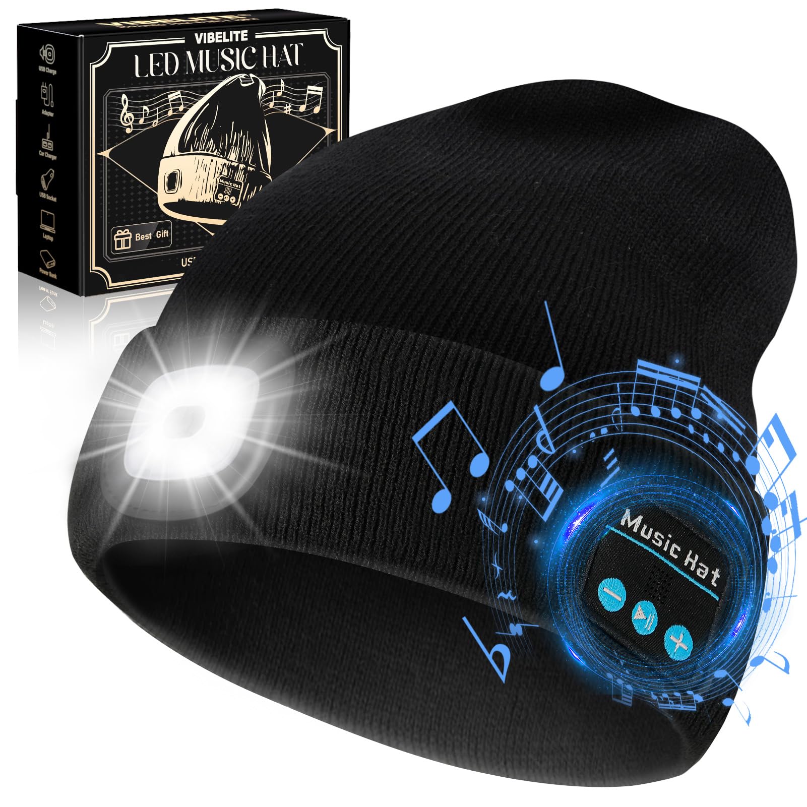 VIBELITE Bluetooth Beanie Hat with Light, USB Rechargeable LED Headlamp with Wireless Headphones, Gifts for Men, Him, Husband, Boyfriend, Dad Gifts for Dad, Husband, Father, Black