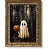VIYYIEA Gold Framed Pumpkin Ghost Canvas Art, Gothic Halloween, 8x10in | Halloween Framed canvas, Spooky ghost holding pumpkin in misty woods, Creepy gothic style for witchy room & living room