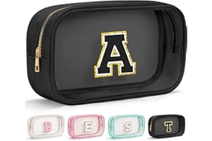 YOOLIFE Initial Makeup Bag Travel Toiletry Bag Clear Makeup Bag Cosmetic Bags Travel Essentials Gifts for Girls Teen Girlfriend Teacher Birthday Birthday Gifts for Kids Black Graduation Gifts A