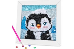 QEUOYSS Diamond Art Kit for Kids with Wooden Frame Art and Crafts for Kids Ages 6-8 -10-12 Easy to DIY Diamond Art for Kids and Adult Beginners Home Wall Decoration (Penguin)