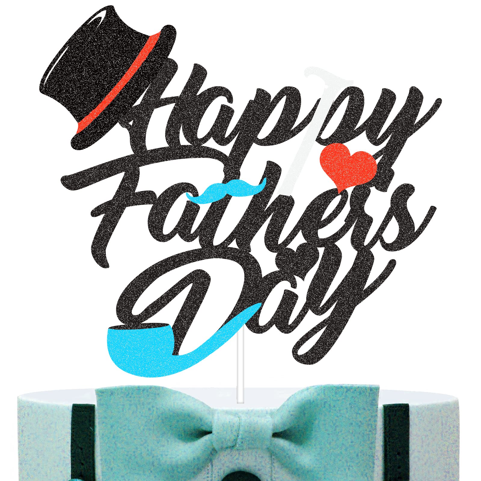 Happy Father's Day Cake Topper Glitter Blue Black Fathers Day Cake Decoration with Tie Love Hat Personalised Father's Day Themed Party Favor Supplies