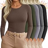 Sweetyweee 5 Pack Women's Thermal Long Sleeve Shirts Ribbed Knit Cotton Tops Crewneck Warm Base Layer Fitted Undershirts