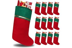 Tokforty 12 Pack Felt Christmas Stockings, 19 Inches Red and Green Christmas Stockings Hanging Ornaments, Green cuff with Gold Trim Christmas Stockings for Family Christmas Holiday Decorations