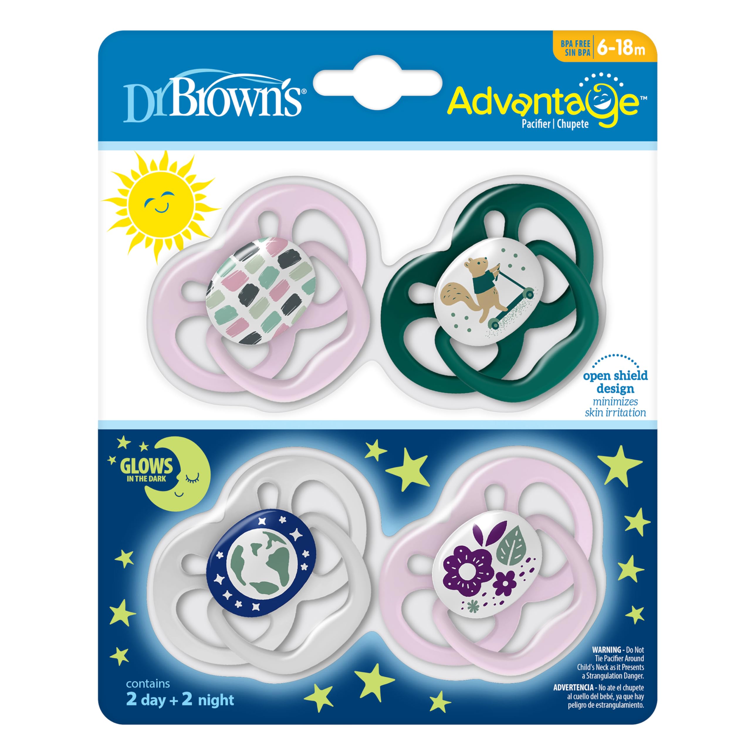 Dr. Brown's Advantage Glow-in-the-Dark Baby Pacifier, Fully Symmetrical Soother with Soft Silicone Bulb, Scooter Squirrel-Purple Nature, 6-18m, BPA Free, 4 Pack