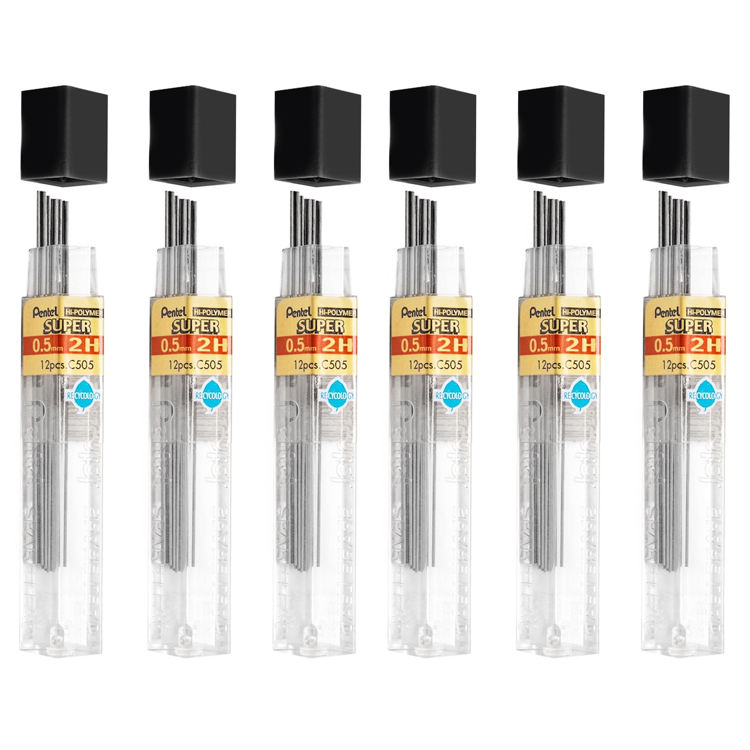 Pentel Super Hi-Polymer Mechanical Refill Leads - for Automatic/Mechanical Pencils - in Pillow Packaging (0.5mm 2H, Pack of 6)